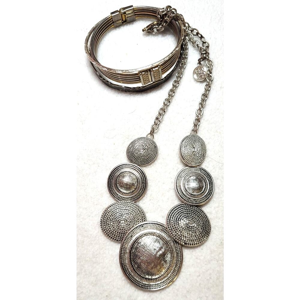 Bill Blass Silvertone Discs Bib Necklace & 3 Bangle Bracelets 1 Tested Sterling
